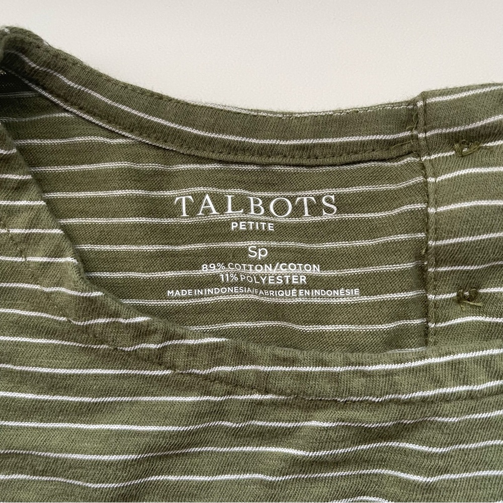 Talbots Olive Green White Pin Striped Pocket Tee Coastal Quiet Luxury Minimalist - Picture 4 of 10